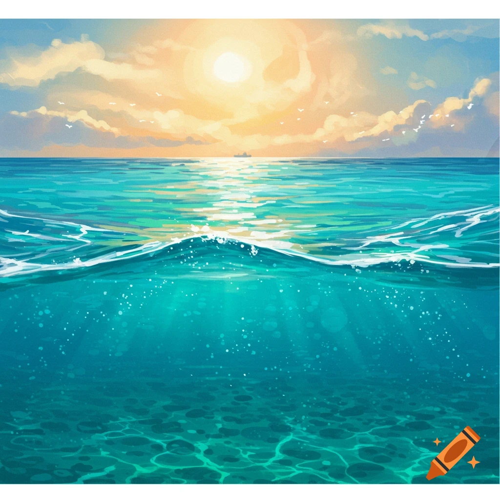 Ocean view showing the surface and underwater with sun rays, clouds, and a ship.