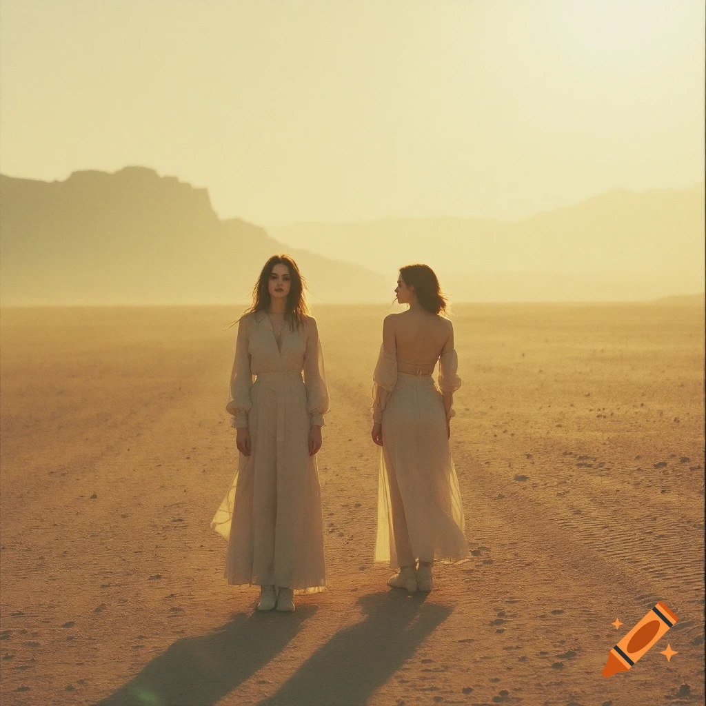 Two women stand in a vast desert under golden hour light, one facing camera, one turned away.
