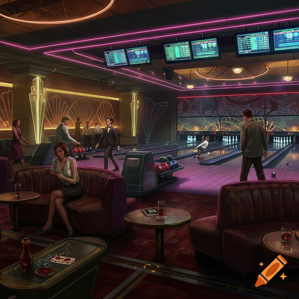 A luxurious art deco bowling alley with people bowling.