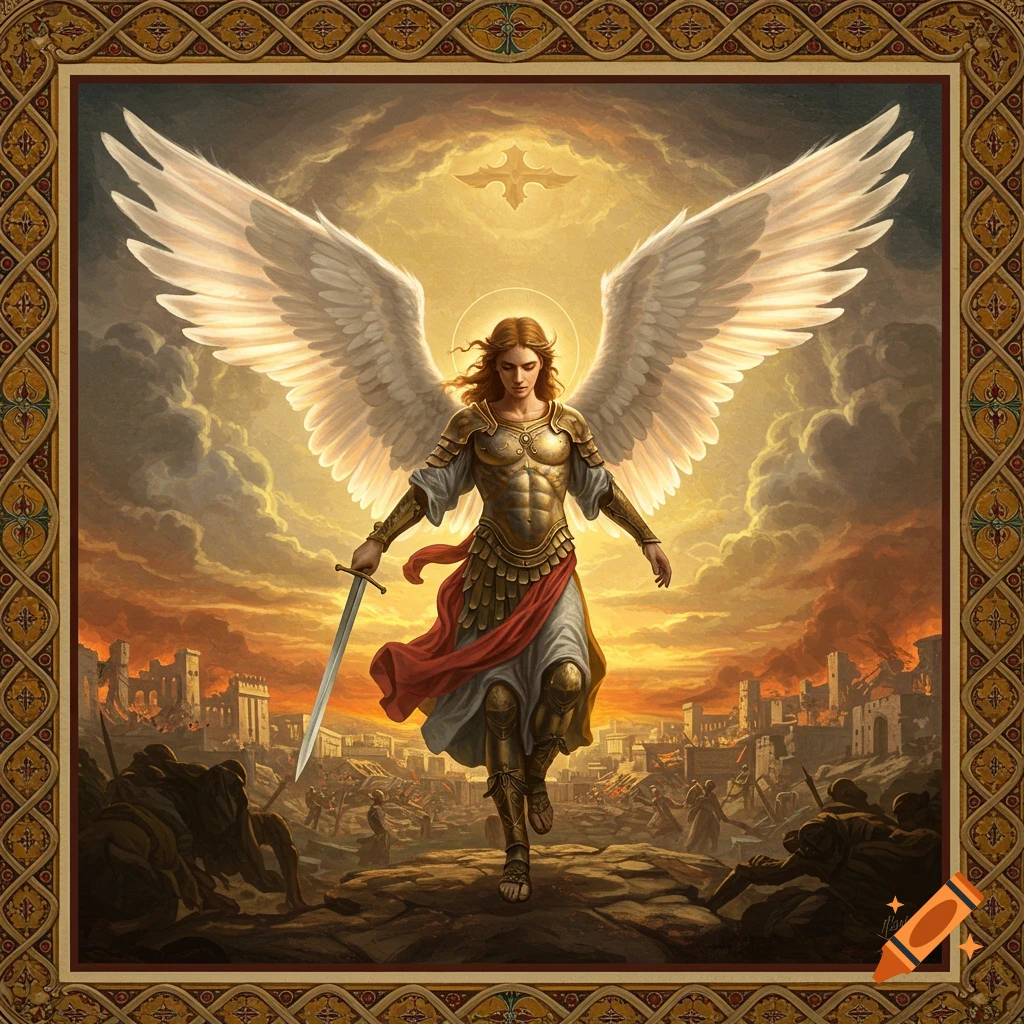 An angel warrior with a sword overlooking a battlefield.