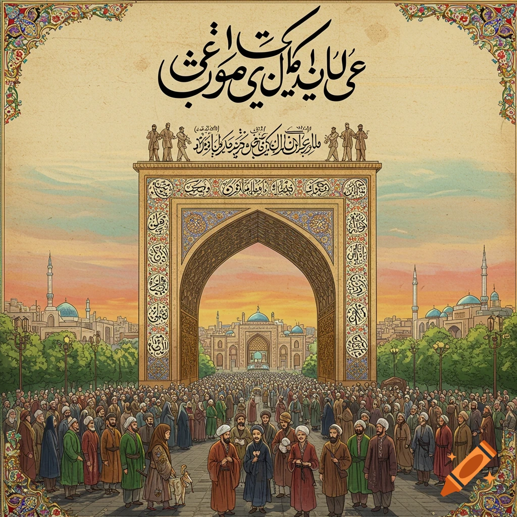 Stylized illustration of a large crowd in historical attire gathered before a decorated archway with calligraphy.