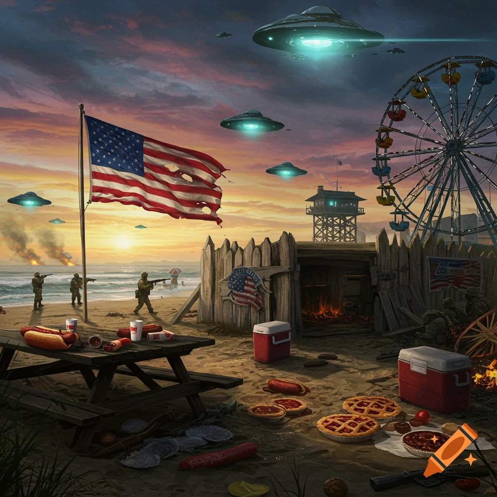 A war-torn beach battle between soldiers and alien ships, with an American flag, picnic table, and Ferris wheel.