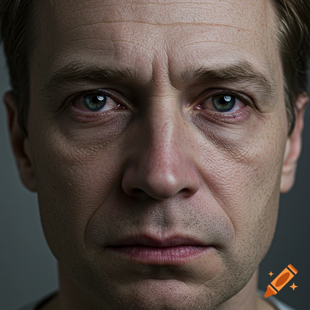 Close-up photorealistic portrait of a man's face showing signs of poor health.