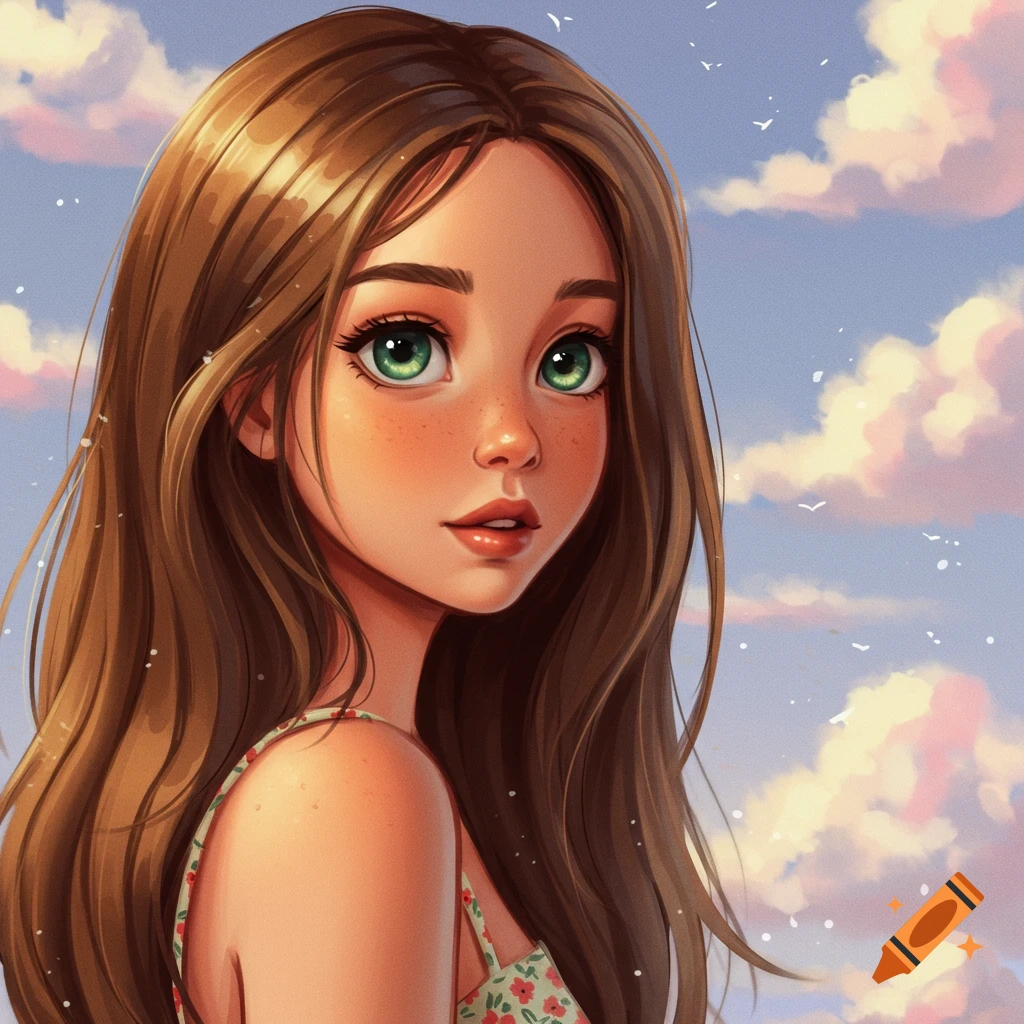 Portrait of a girl with long brown hair, green eyes, and freckles against a cloudy sky.