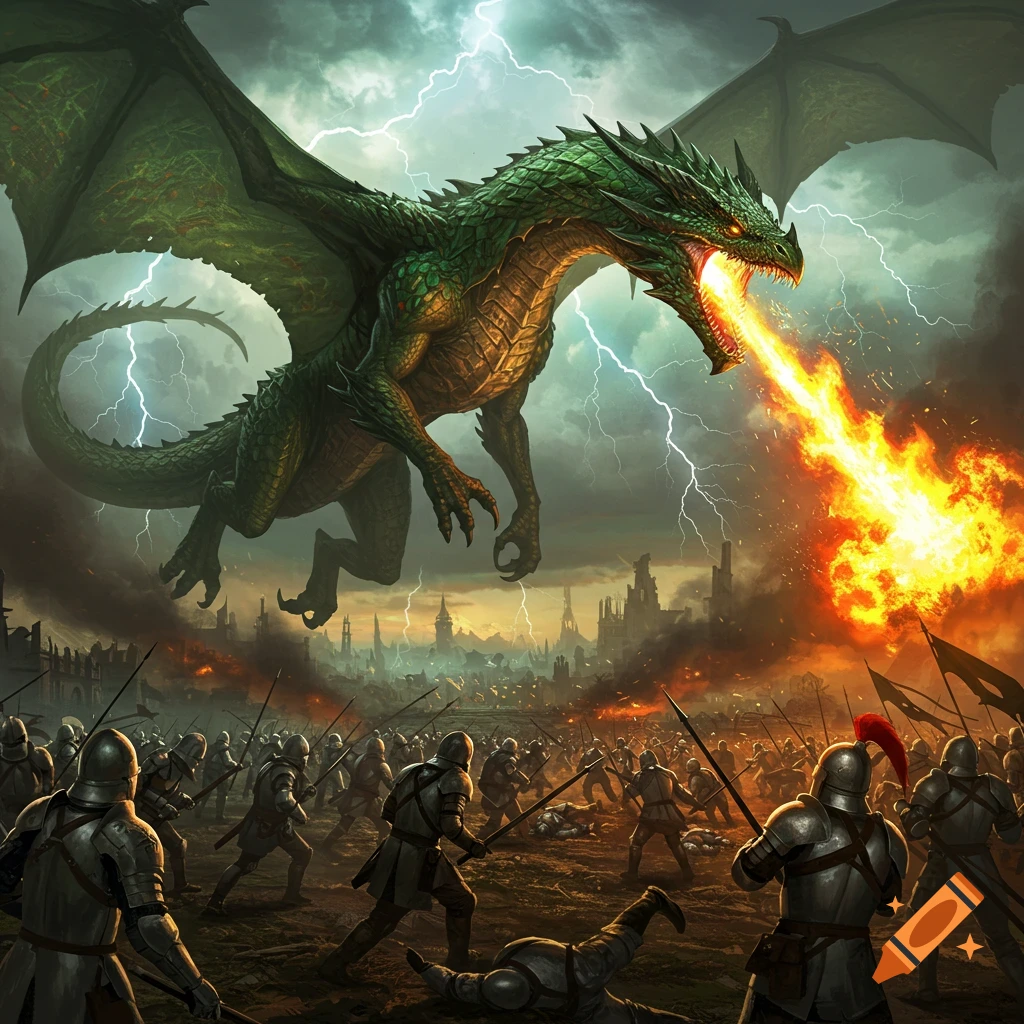 Green dragon breathes fire on knights in a battle under a stormy sky.