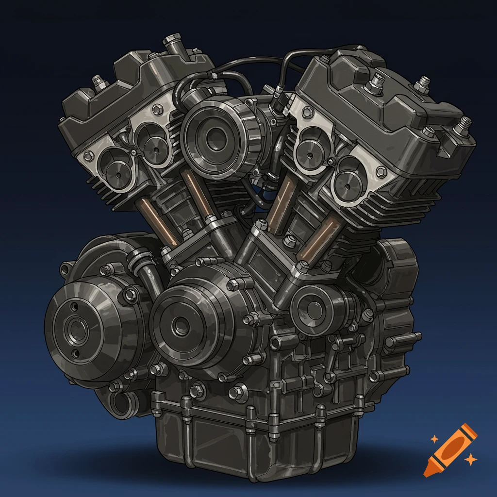 A detailed image of a motorcycle engine.