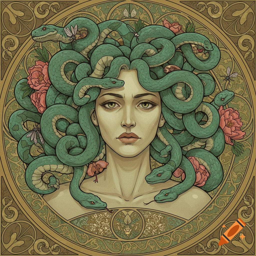 Art Nouveau style portrait of Medusa with snakes and flowers
