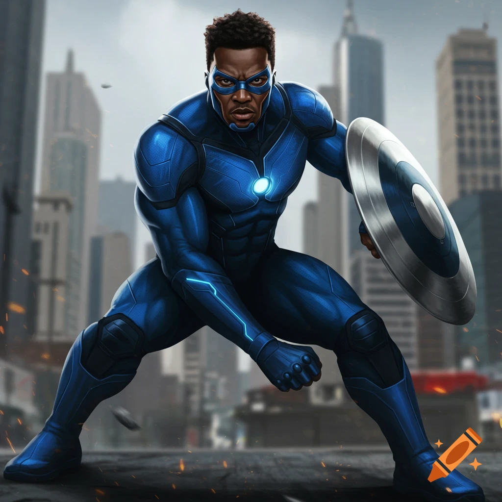 A muscular superhero in a blue suit and mask holding a shield in a defensive stance in a city.