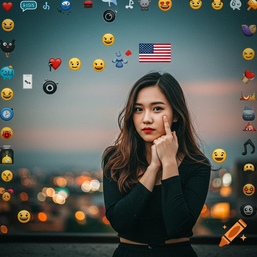 A young woman poses with bokeh city lights in the background, surrounded by a border of various emojis, icons, and the US flag.