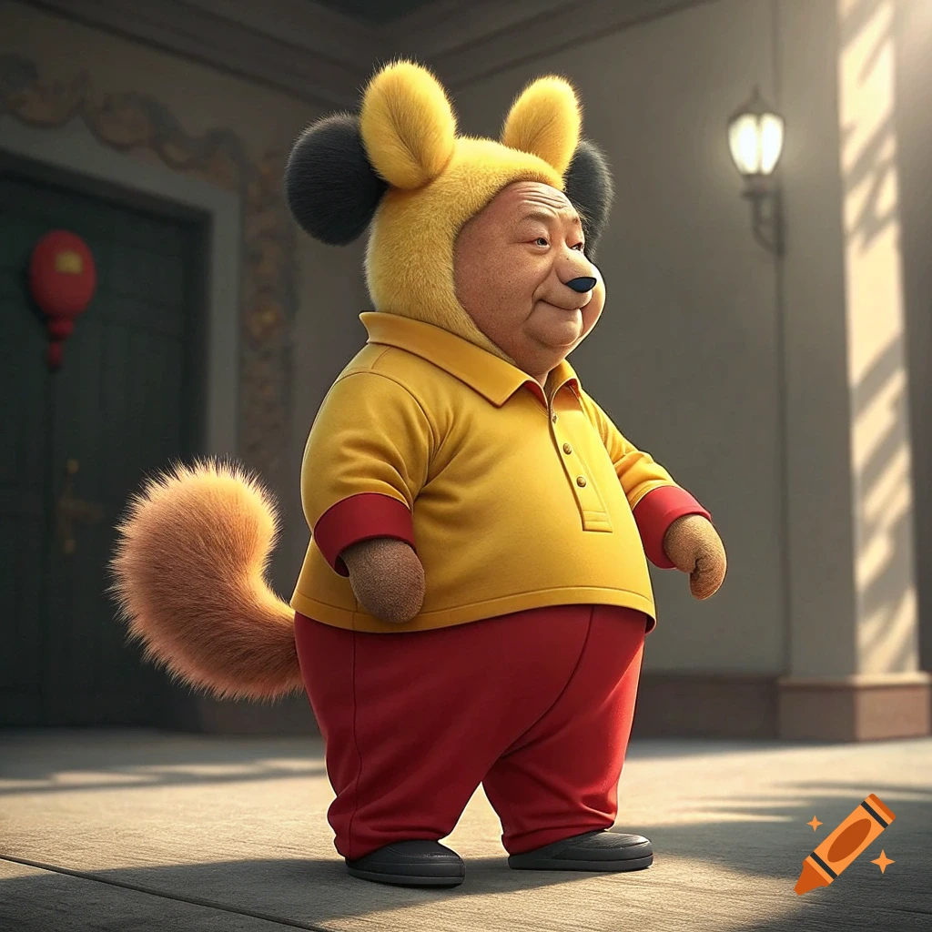 A person resembling Xi Jinping wears a Winnie the Pooh-like costume with yellow shirt, red pants, and fluffy tail.
