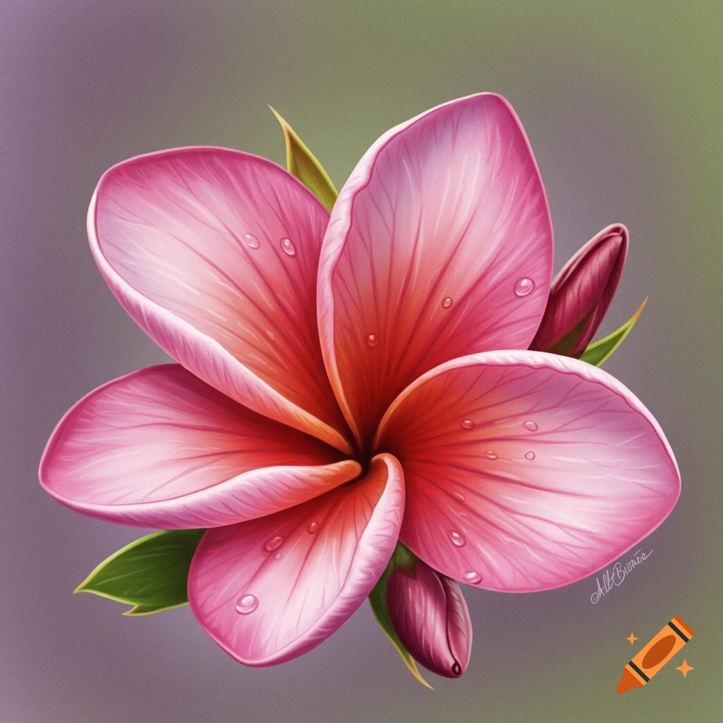 A vibrant pink flower with water drops and buds.