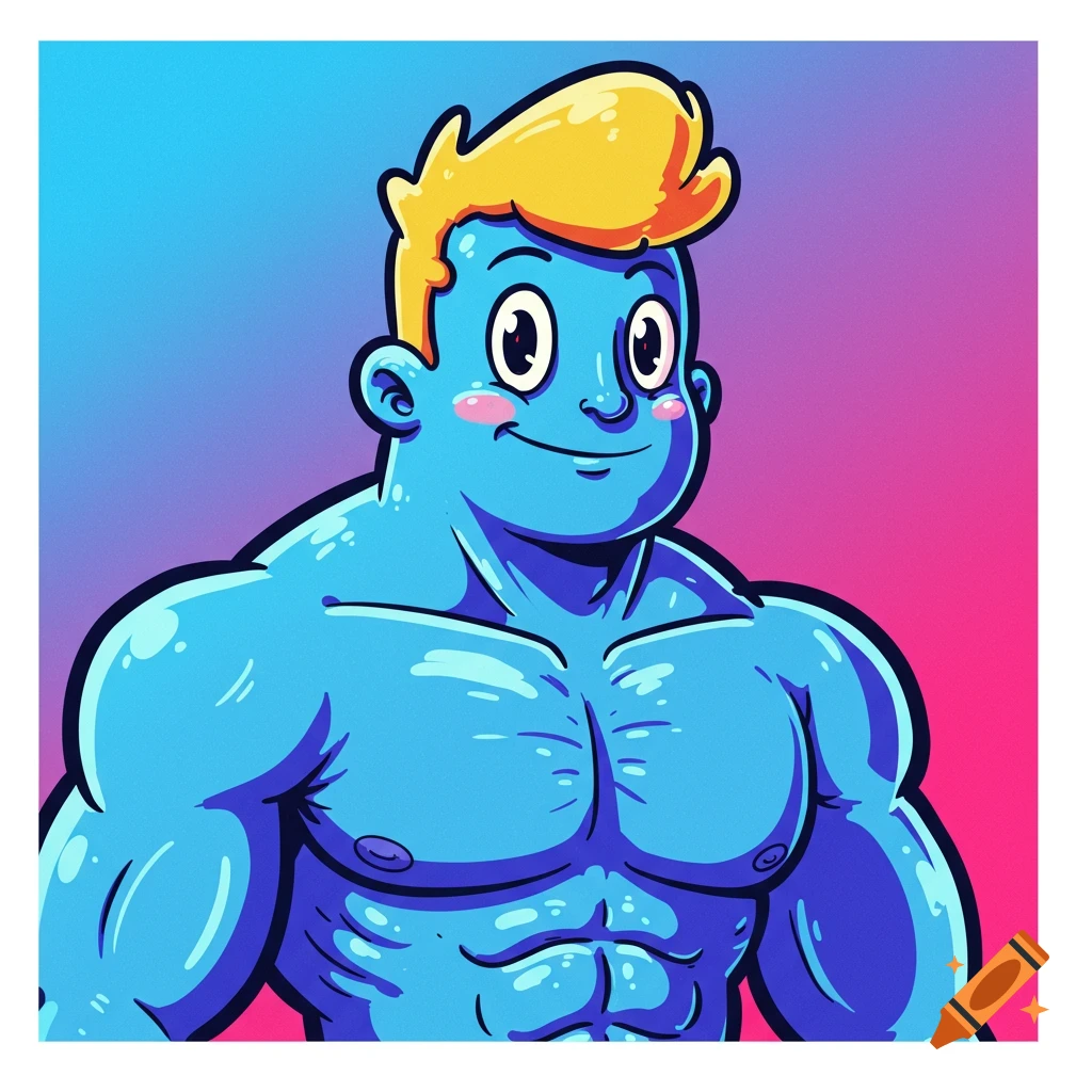 A muscular blue cartoon character with blond hair.