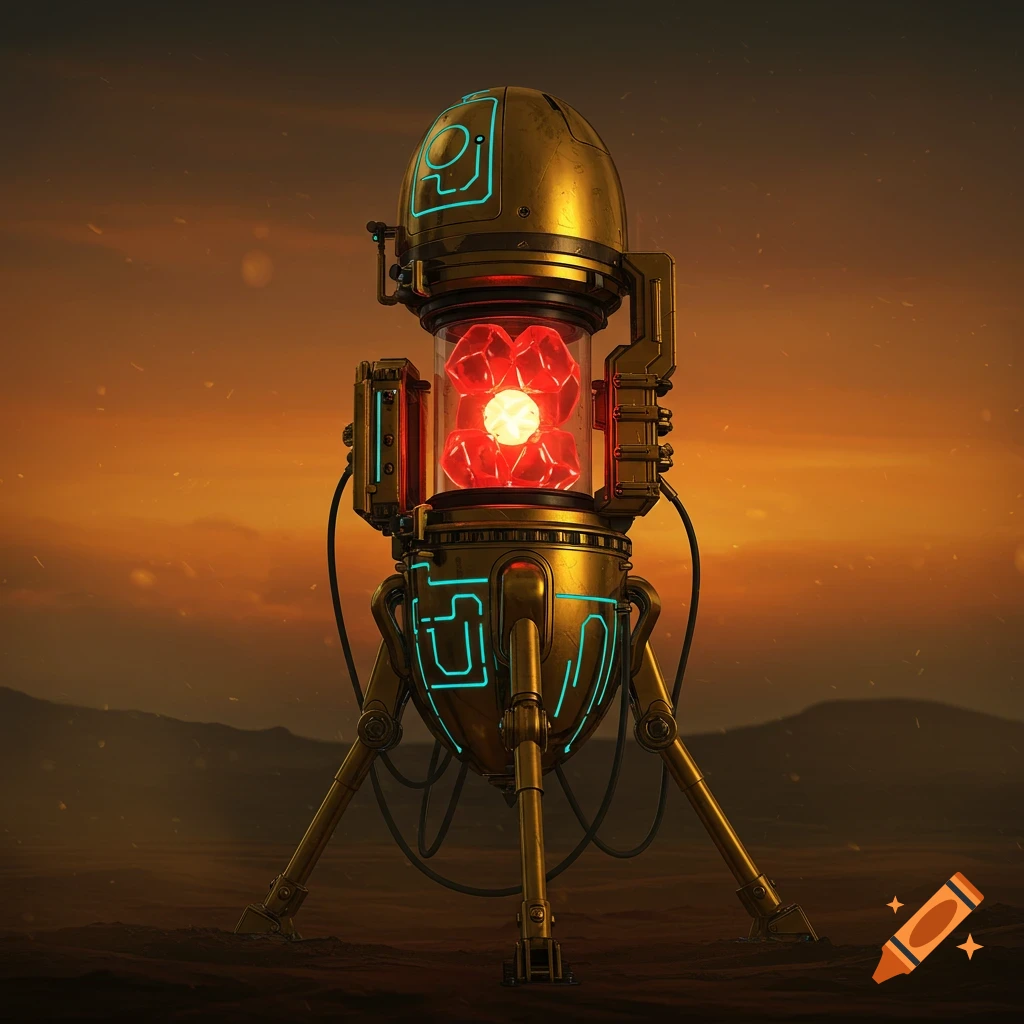 A brass sci-fi machine with a red crystal core stands in a desolate landscape at sunset.