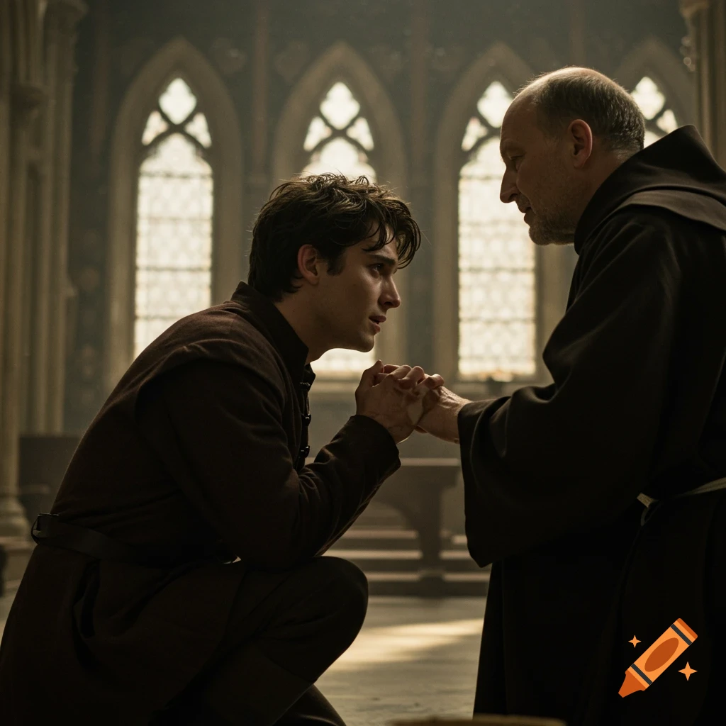 Young man kneels in a dimly lit church, holding hands with an older man in a friar's robe.