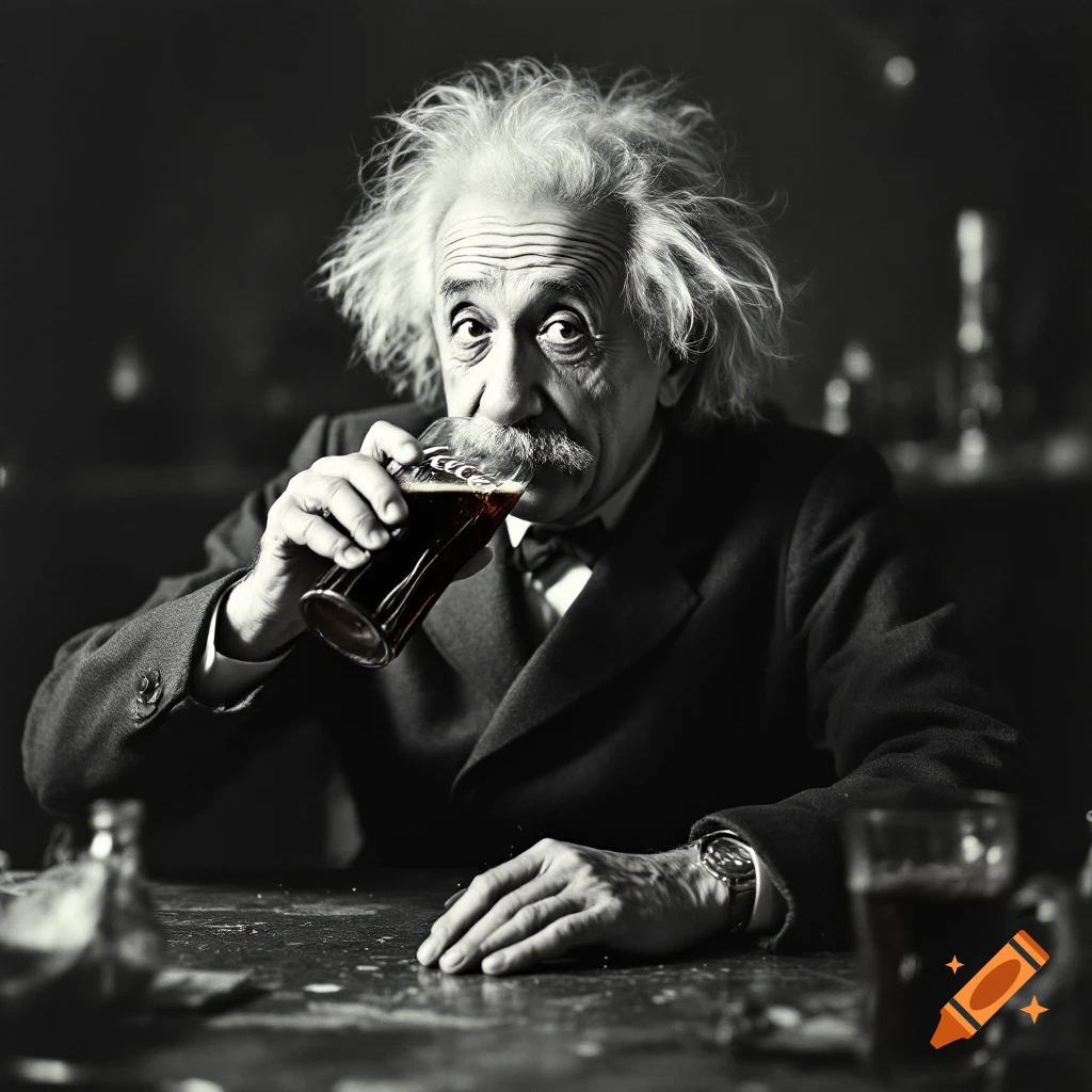 Black and white portrait of Albert Einstein drinking from a glass.
