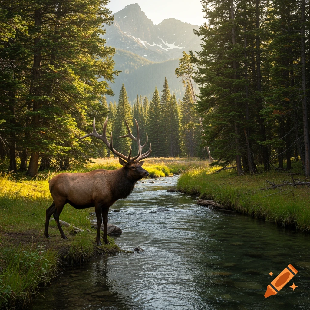 An elk stands by a stream in a forest with mountains in the background.