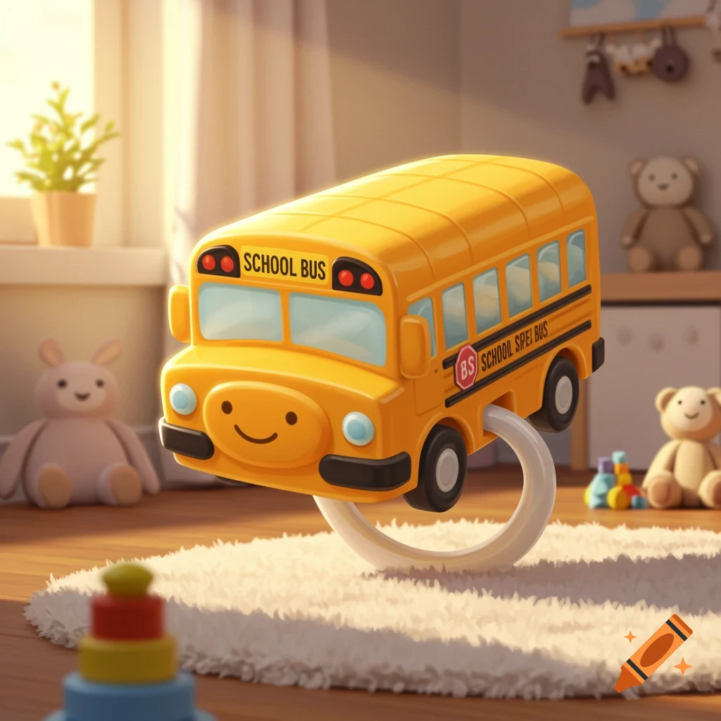 A yellow school bus toy shaped like a pacifier in a child's room with other toys and a rug.