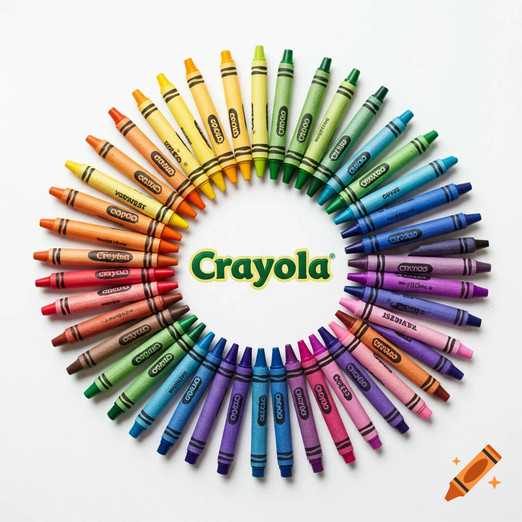Colored crayons arranged in a circle around the Crayola logo on a white background.