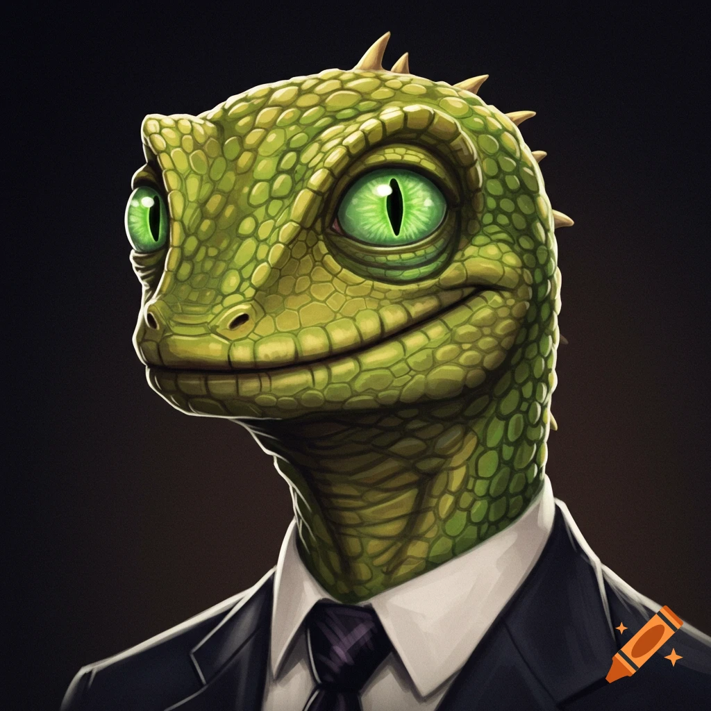 Portrait of a green humanoid lizard wearing a dark suit and tie.