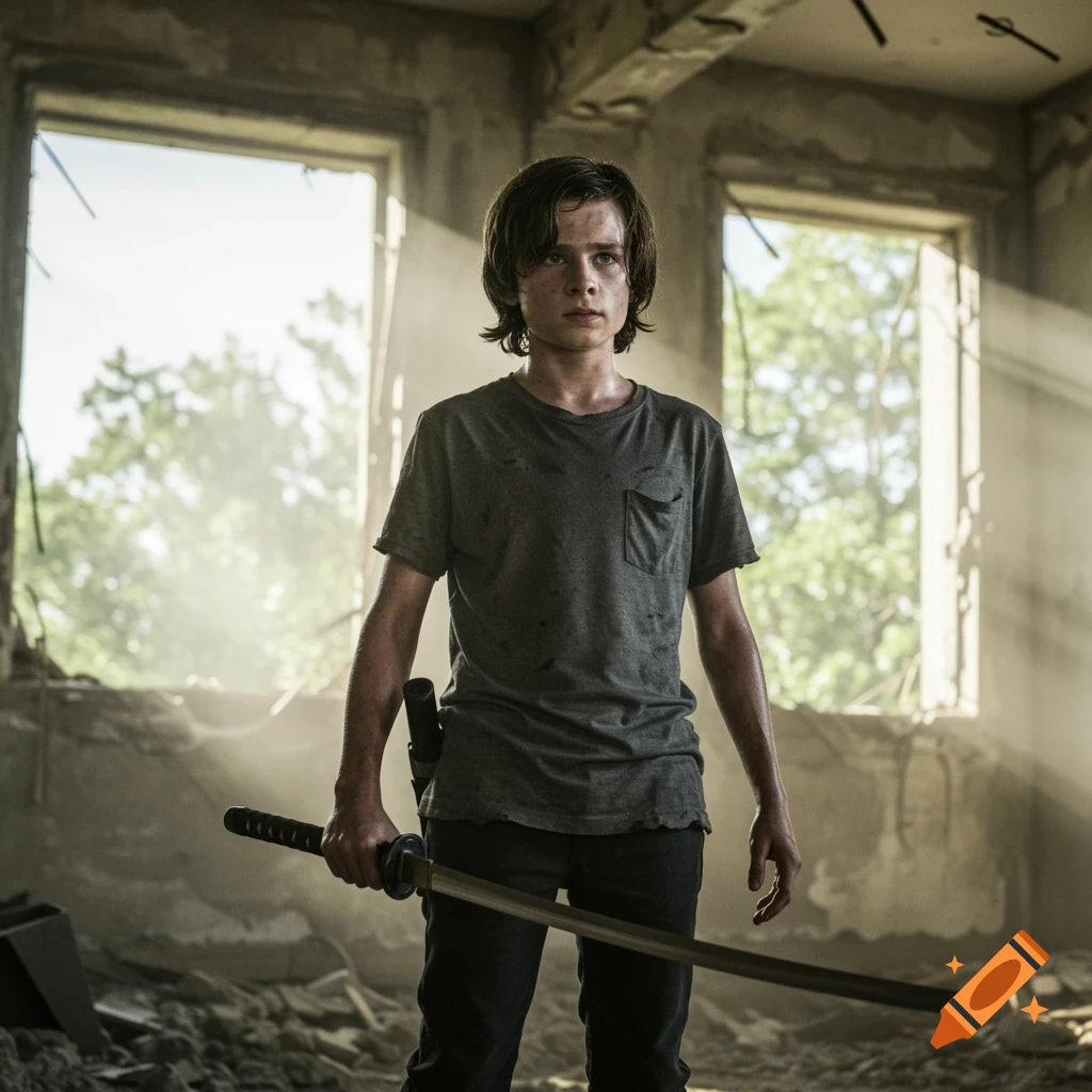 Carl Grimes in a ruined building holds a katana, sunlight streaming through windows.
