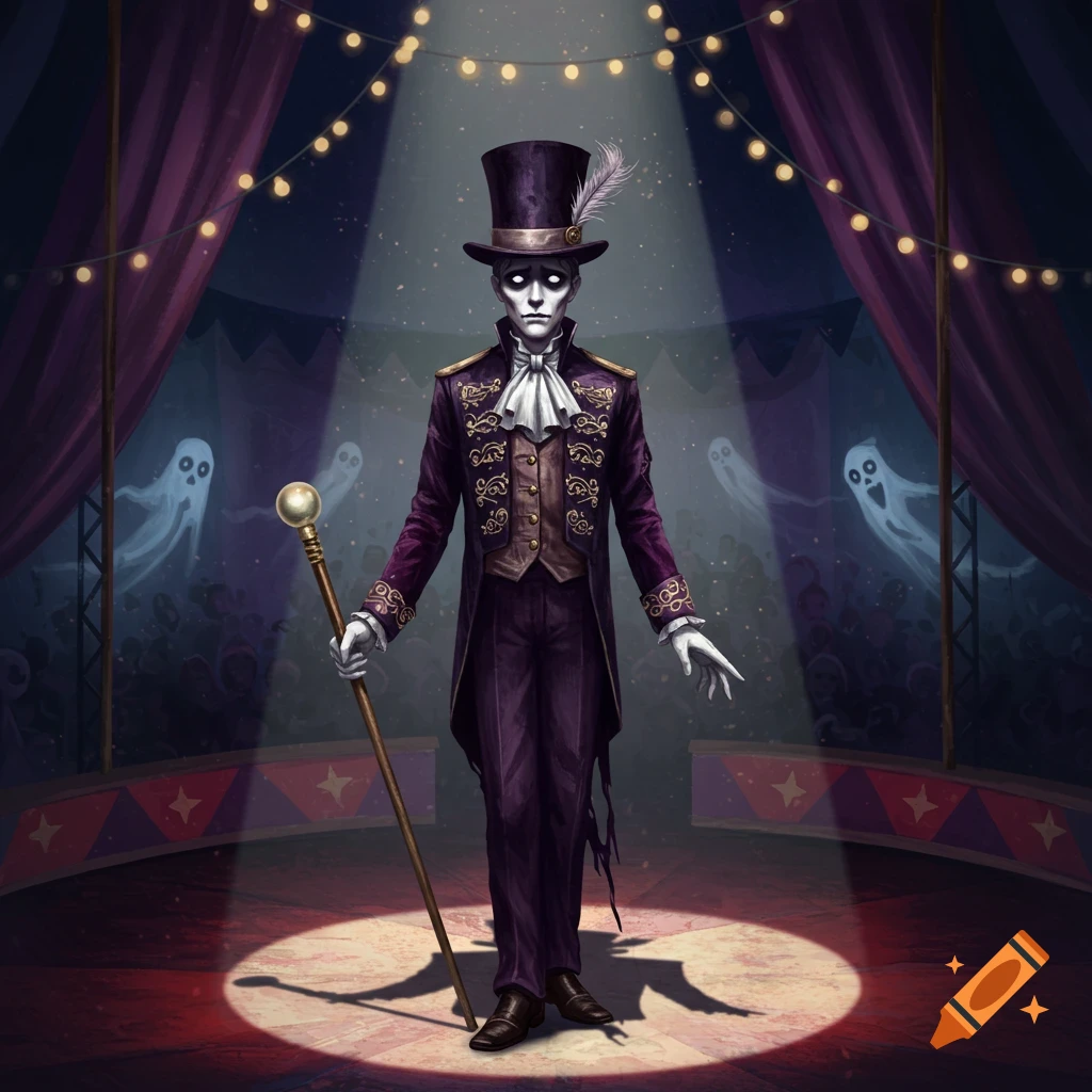 A haunting ringmaster stands in a spotlight in a moody circus tent with ghosts.
