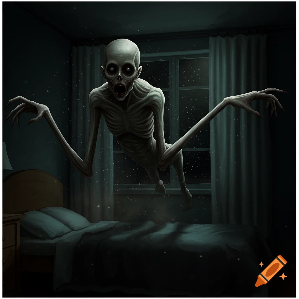 A skeletal figure with glowing eyes floats above a bed in a dark room.