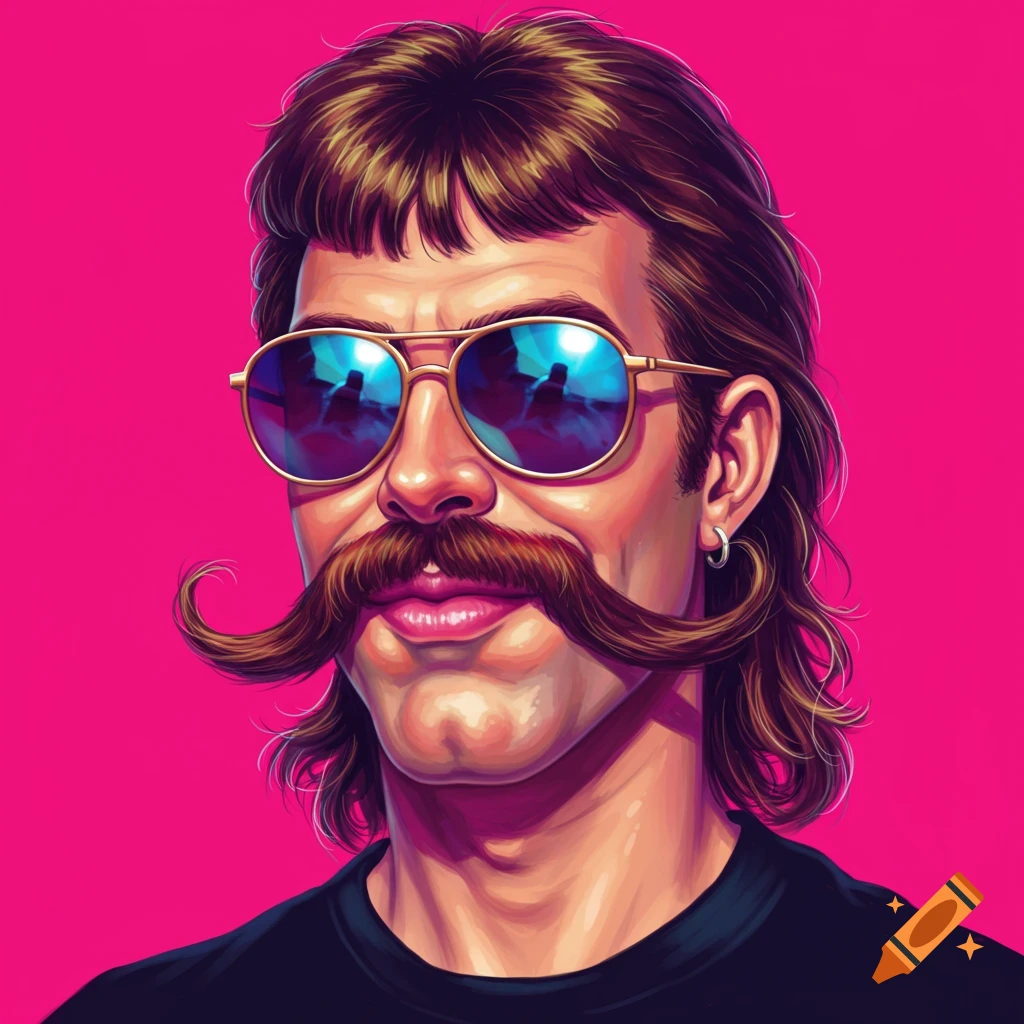 Stylized portrait of a man with a mullet, large curly mustache, and sunglasses against a pink background.