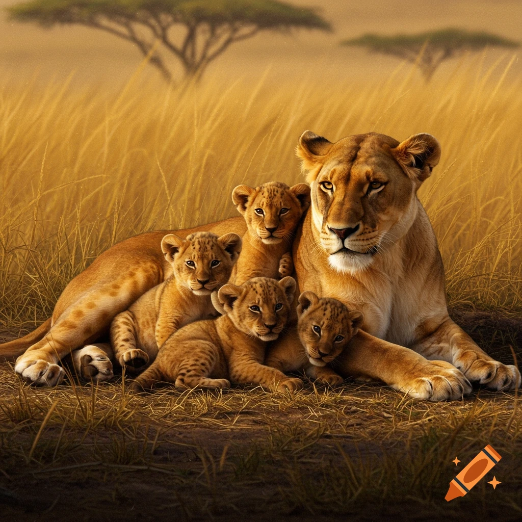 A lioness rests with four cubs in a grassy savannah.