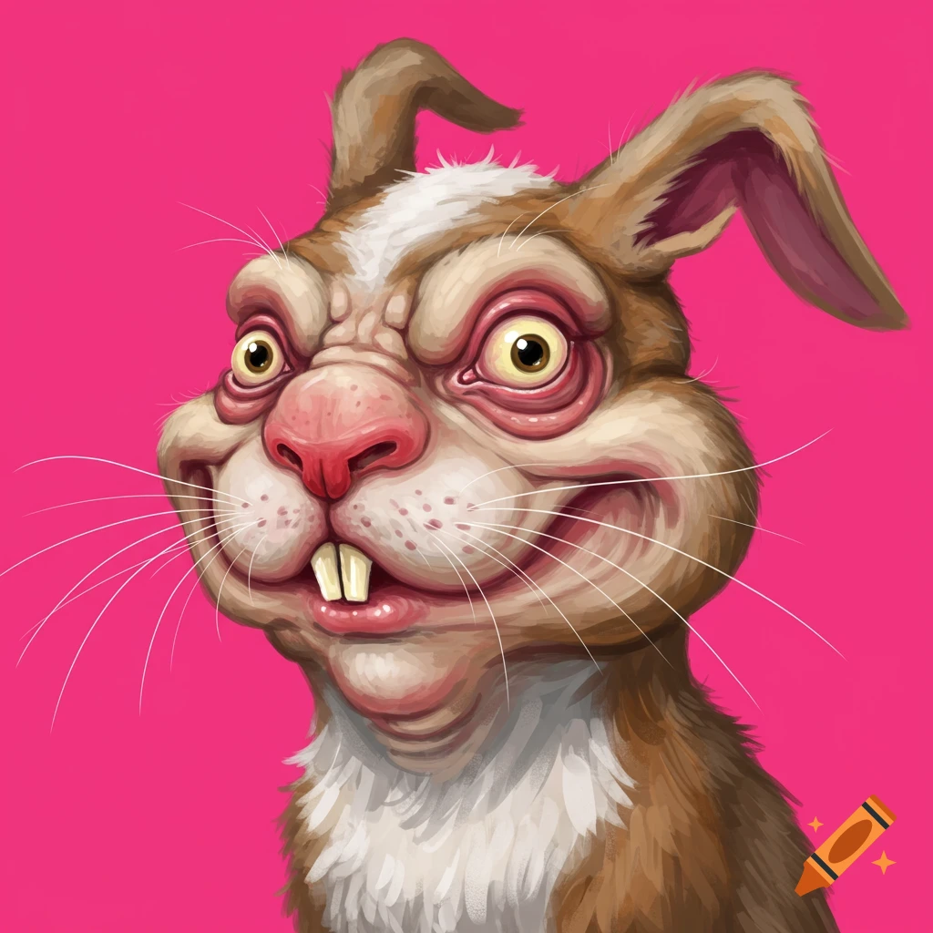 A close-up of an ugly brown and white rabbit with large teeth and wrinkled face against a pink background.