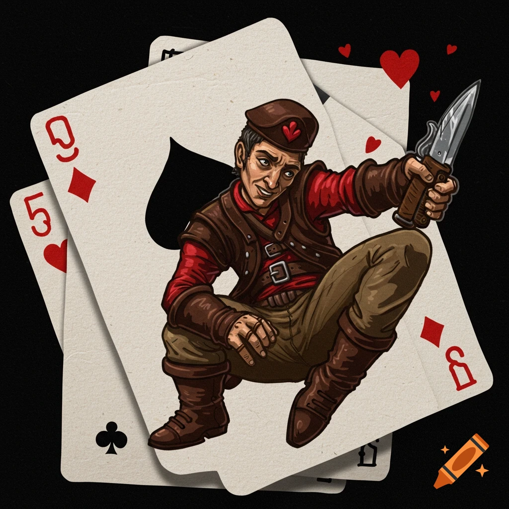 Stylized image of a character with a knife crouching on playing cards and surrounded by hearts.