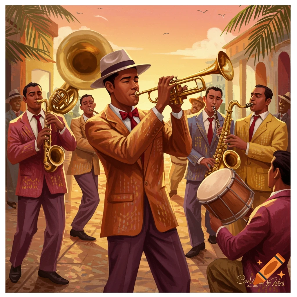 Vibrant vintage art of a band playing brass and percussion instruments outdoors at sunset.
