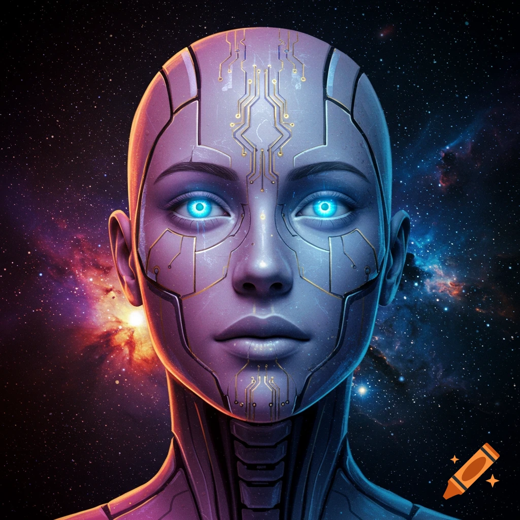 A cyborg face with glowing blue eyes against a starry space background.