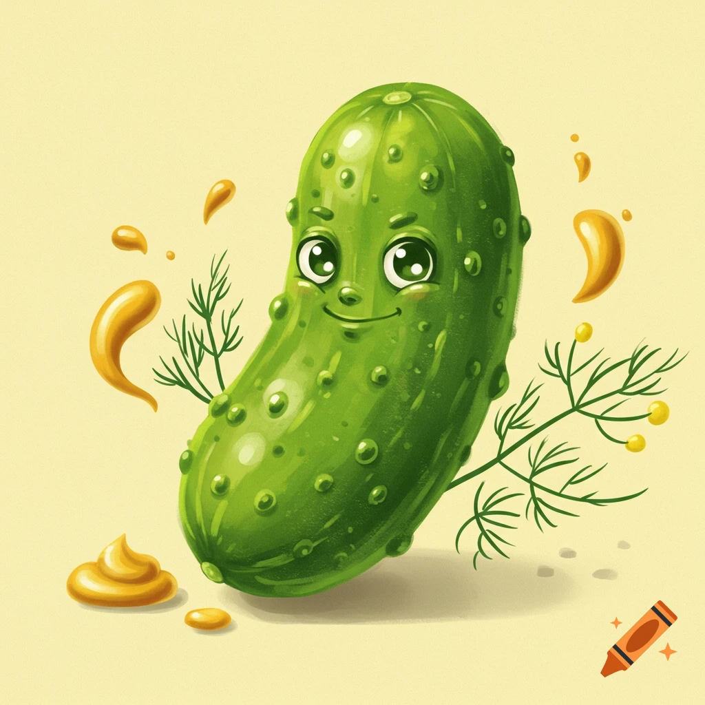 A cartoon pickle with a face, surrounded by dill sprigs and mustard.