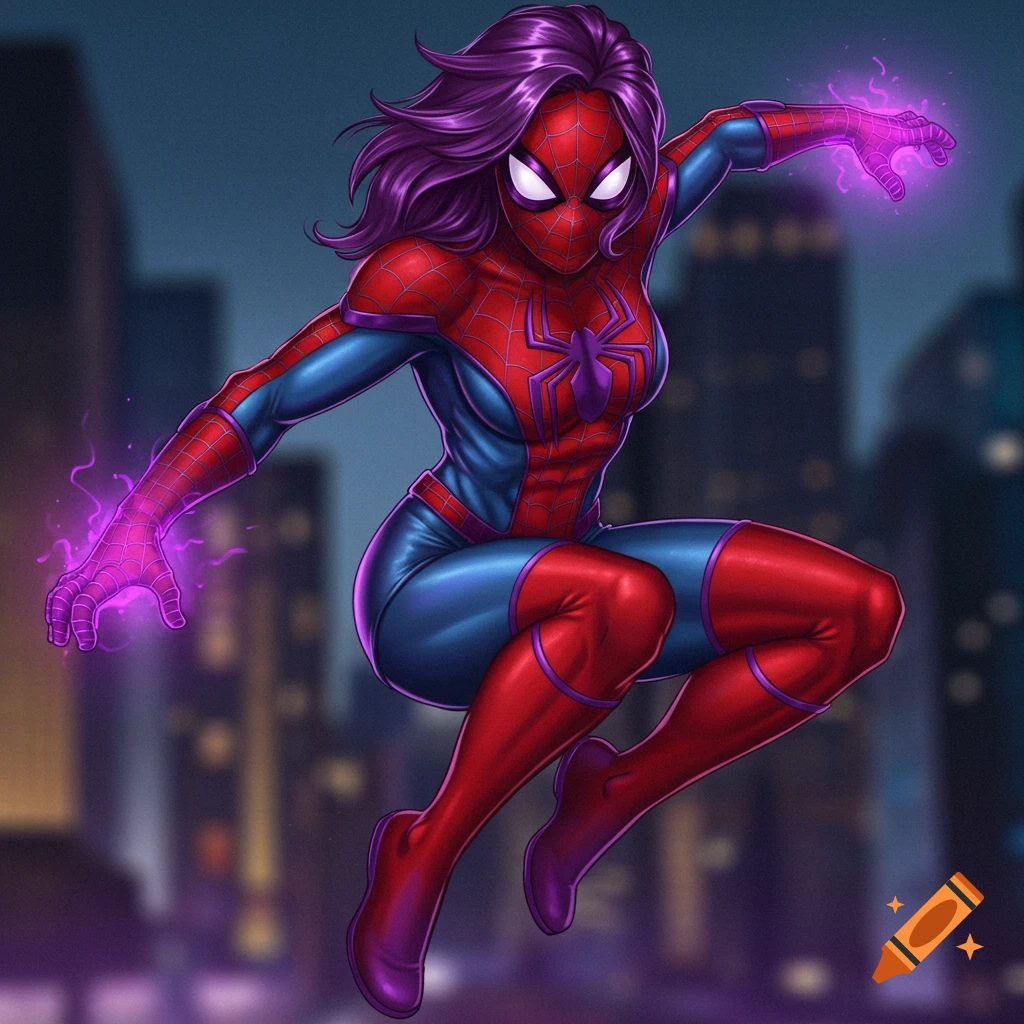 Female Spider-Man with purple hair and powers leaping in a city.