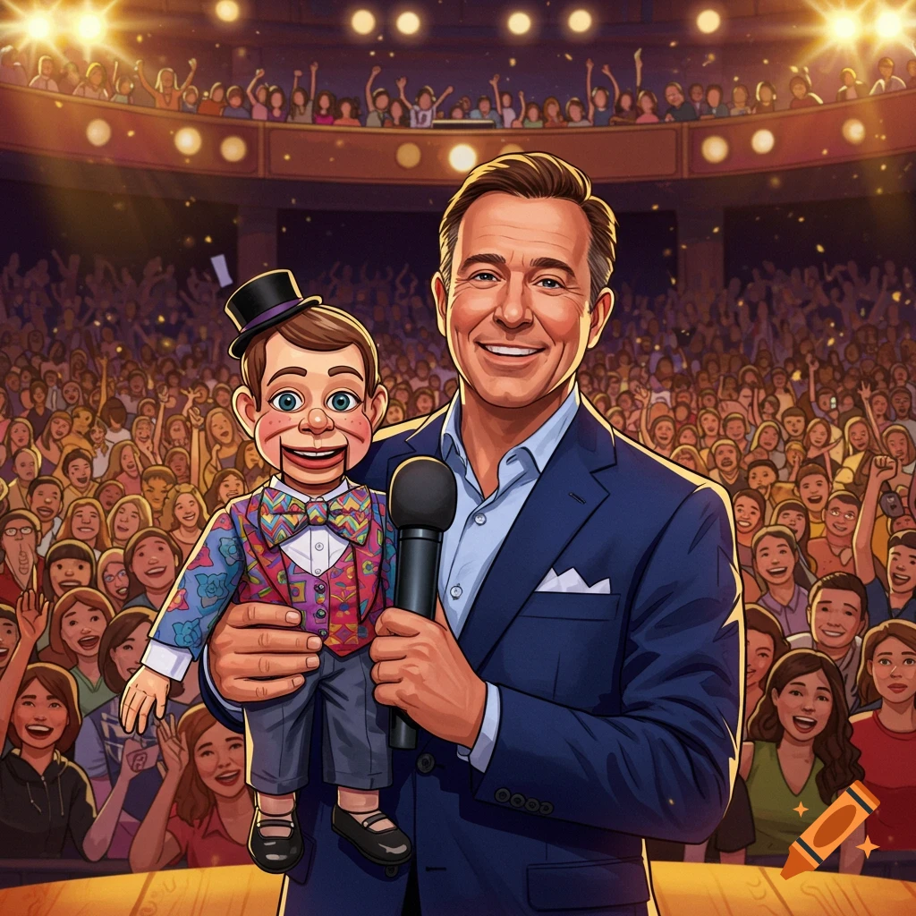 A man is on stage with a ventriloquist dummy and microphone, facing a large, cheering crowd in a theatre.