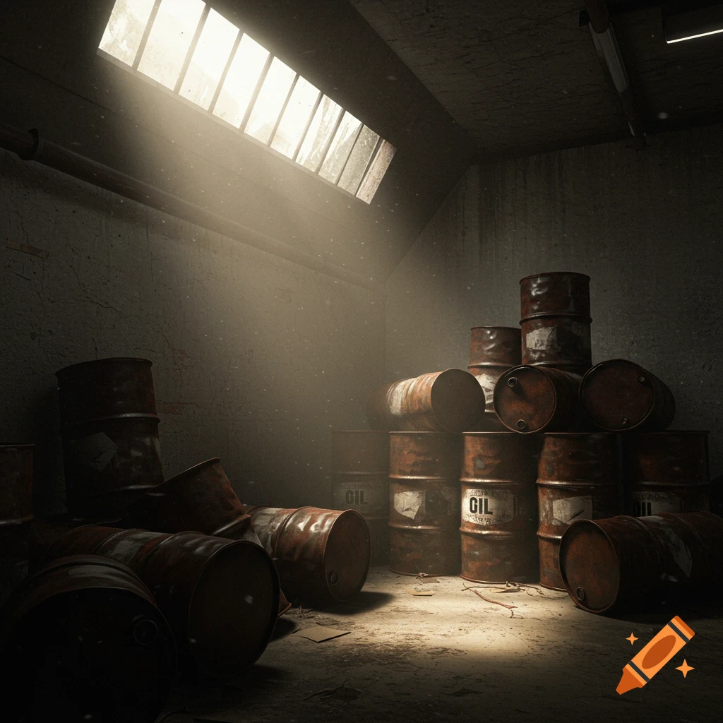 rusty oil drums stacked in a dusty storage room with light rays.