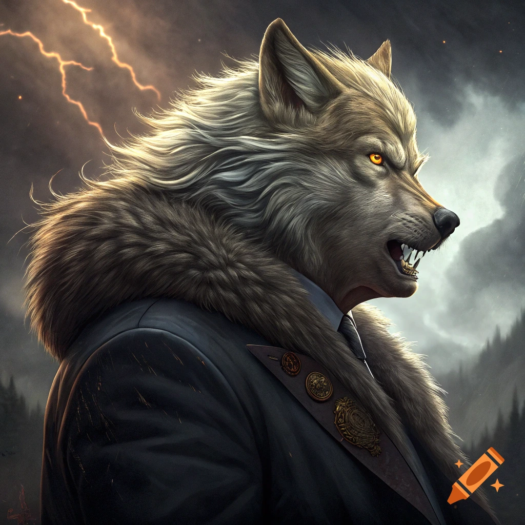 Portrait of a wolf hybrid in a suit against a stormy sky with lightning.