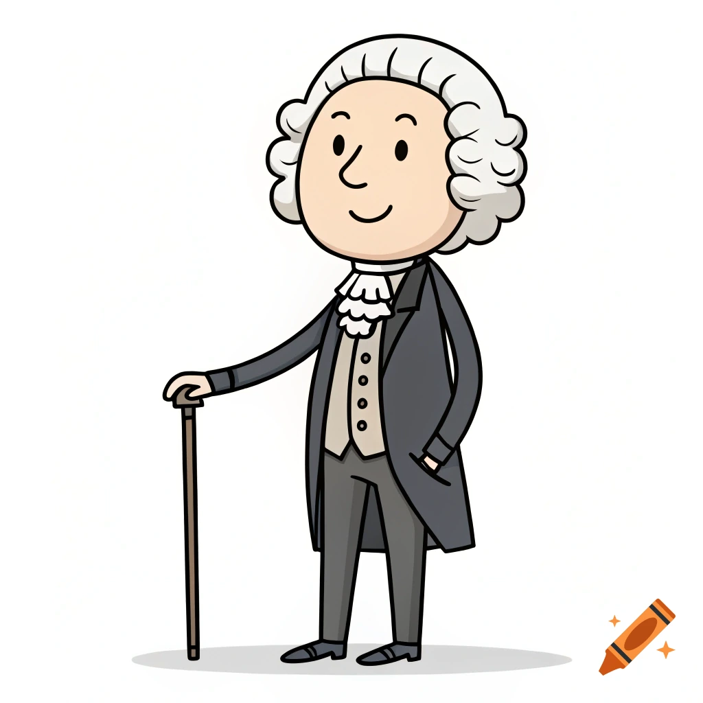 A cartoon man with a white wig, grey suit, and ruffled shirt holds a walking stick.