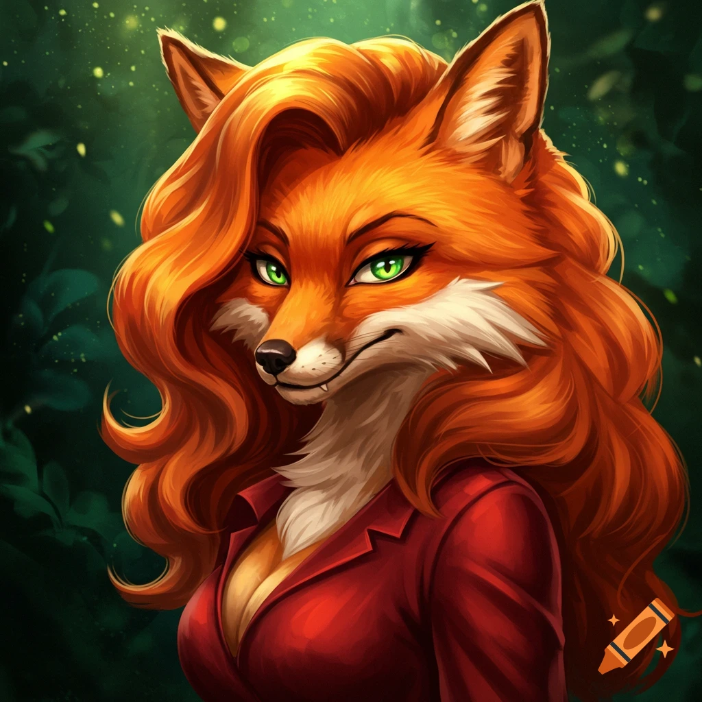 An anthropomorphic fox with red hair and green eyes wearing a red suit jacket.
