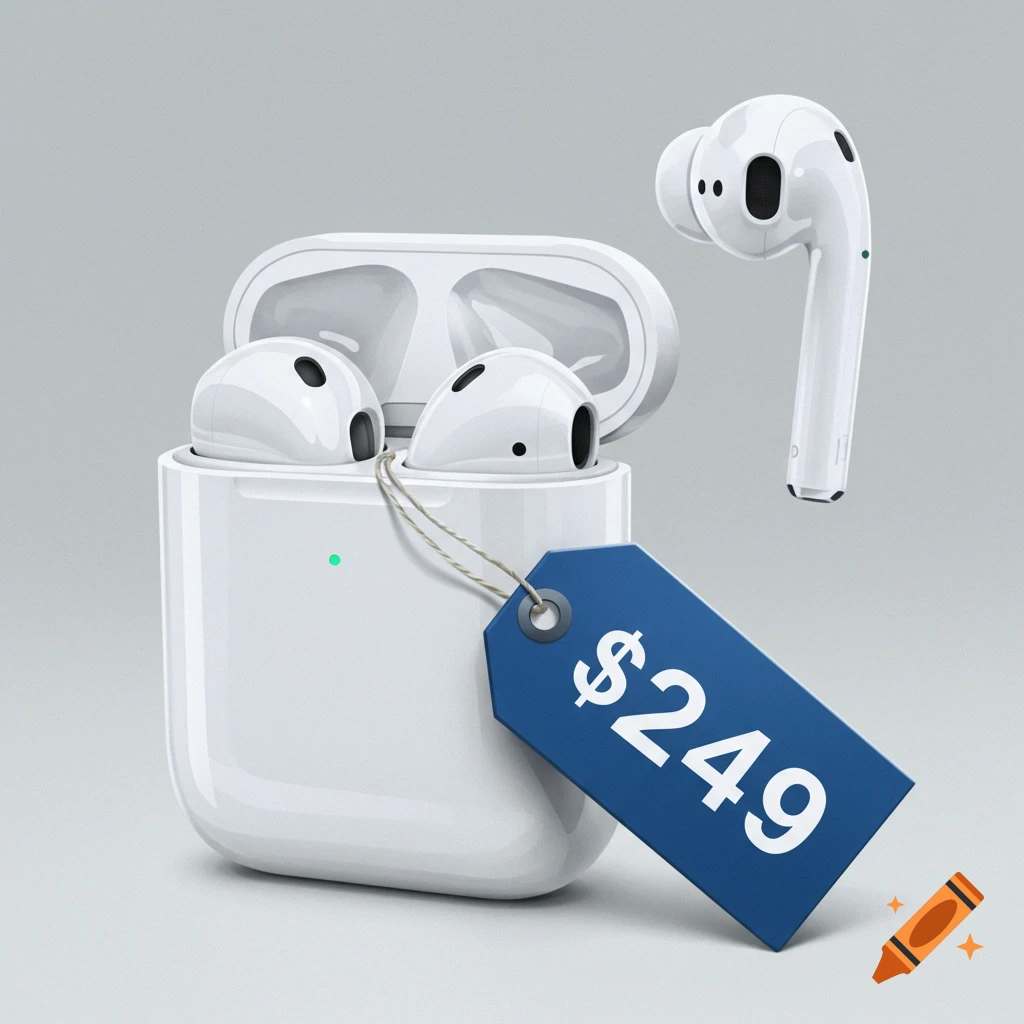 White wireless earbuds in their case with a blue price tag that says $249, and one earbud floating beside.