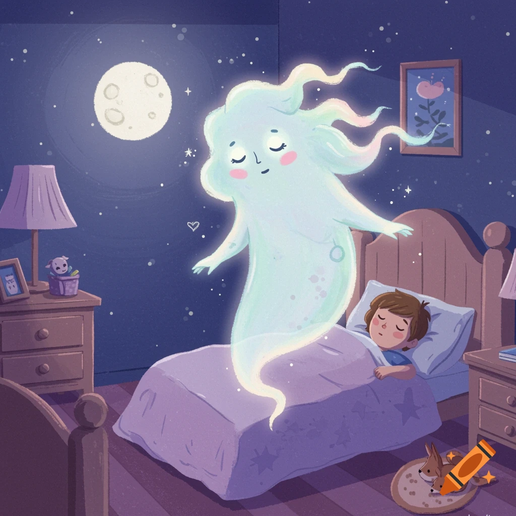 Whimsical children's illustration of a glowing ghost floating over a sleeping child in a bedroom at night under a full moon.