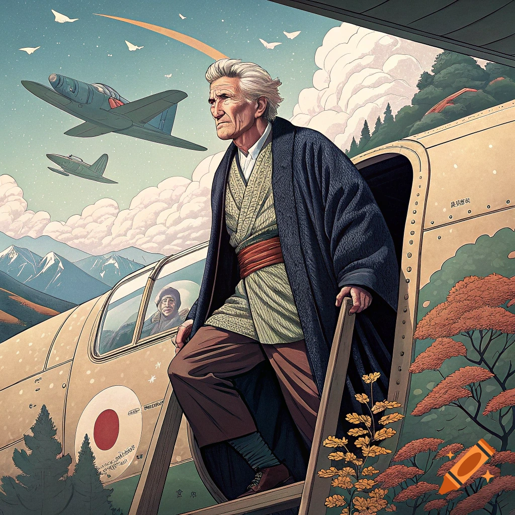 Man in robe exits vintage plane in ukiyo-e style drawing