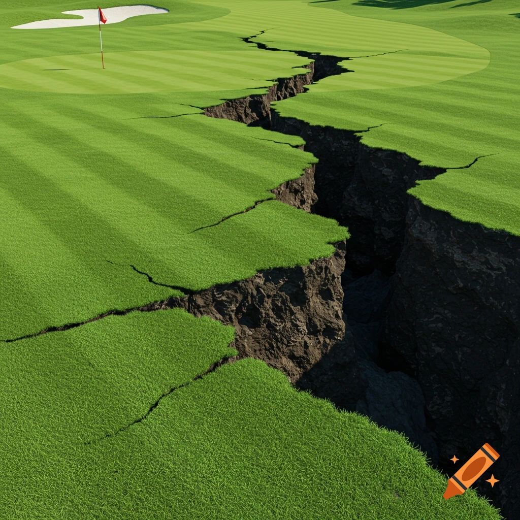 A golf course green is split by a large fissure.