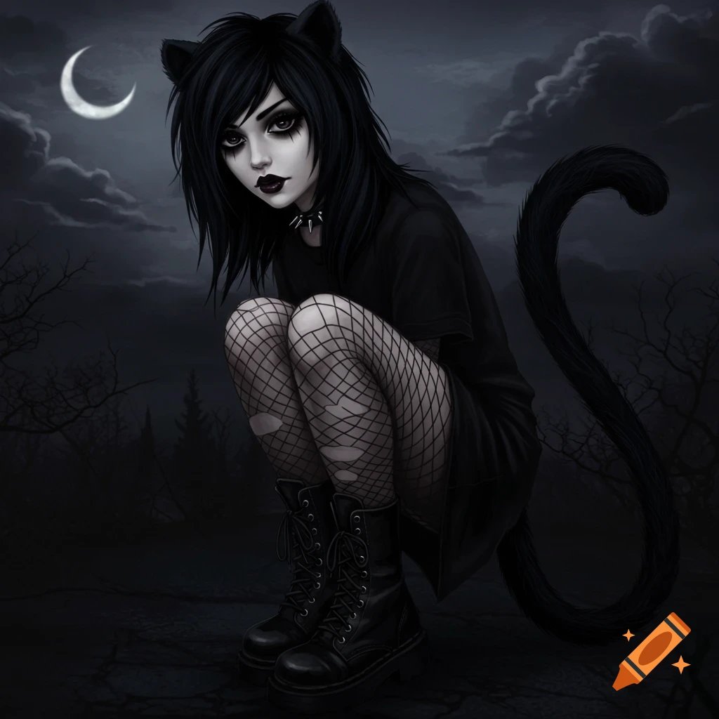 A dark-haired emo girl with cat ears and tail squats in a forest under a crescent moon.