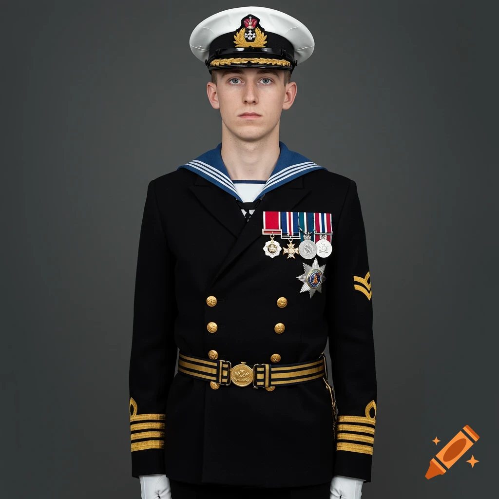 A young man in a British Royal Navy uniform stands at attention.