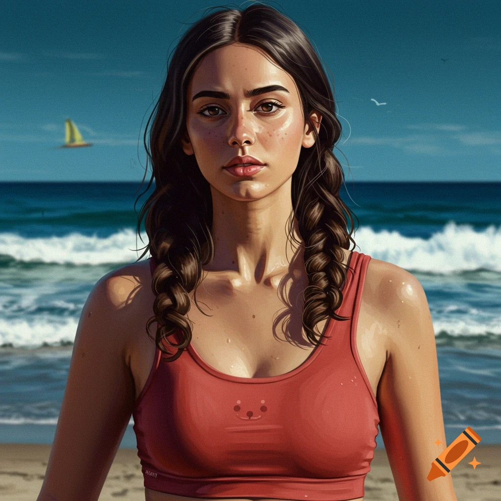 A woman in a red sports bra on a beach