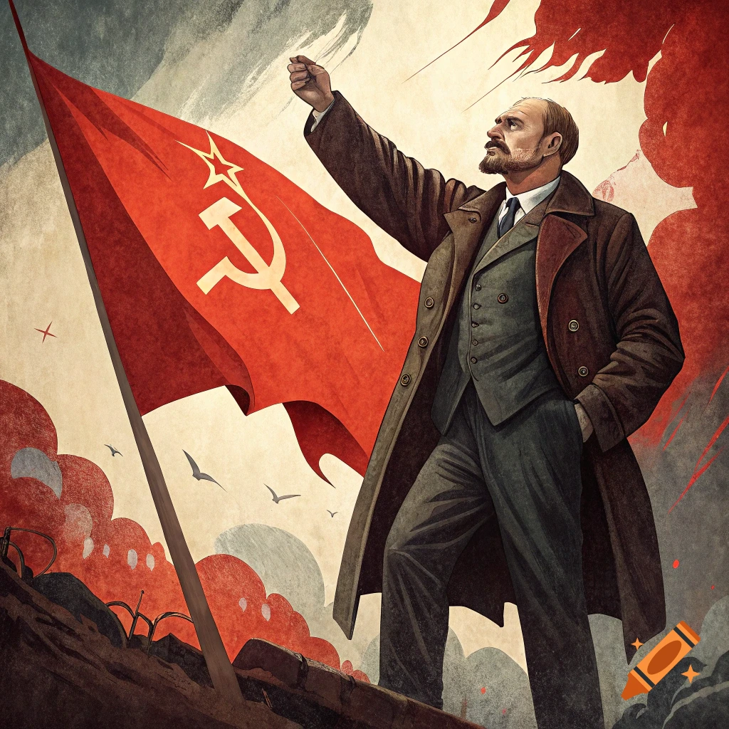 Vladimir Lenin raising his fist next to a large USSR flag, in a propaganda art style.