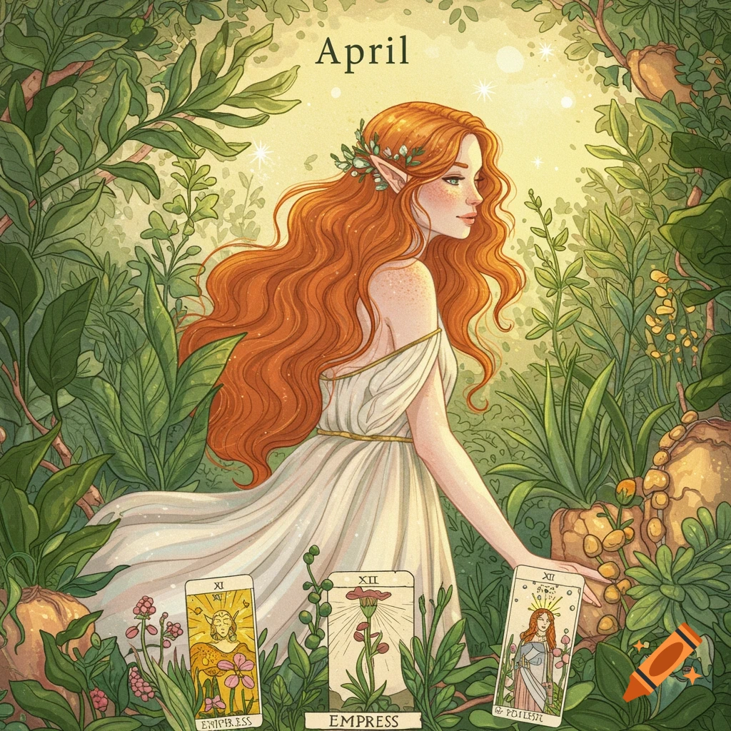 Illustration of a fantasy woman with long red hair and elf ears in a white dress surrounded by plants and tarot cards, with 'April' at the top.