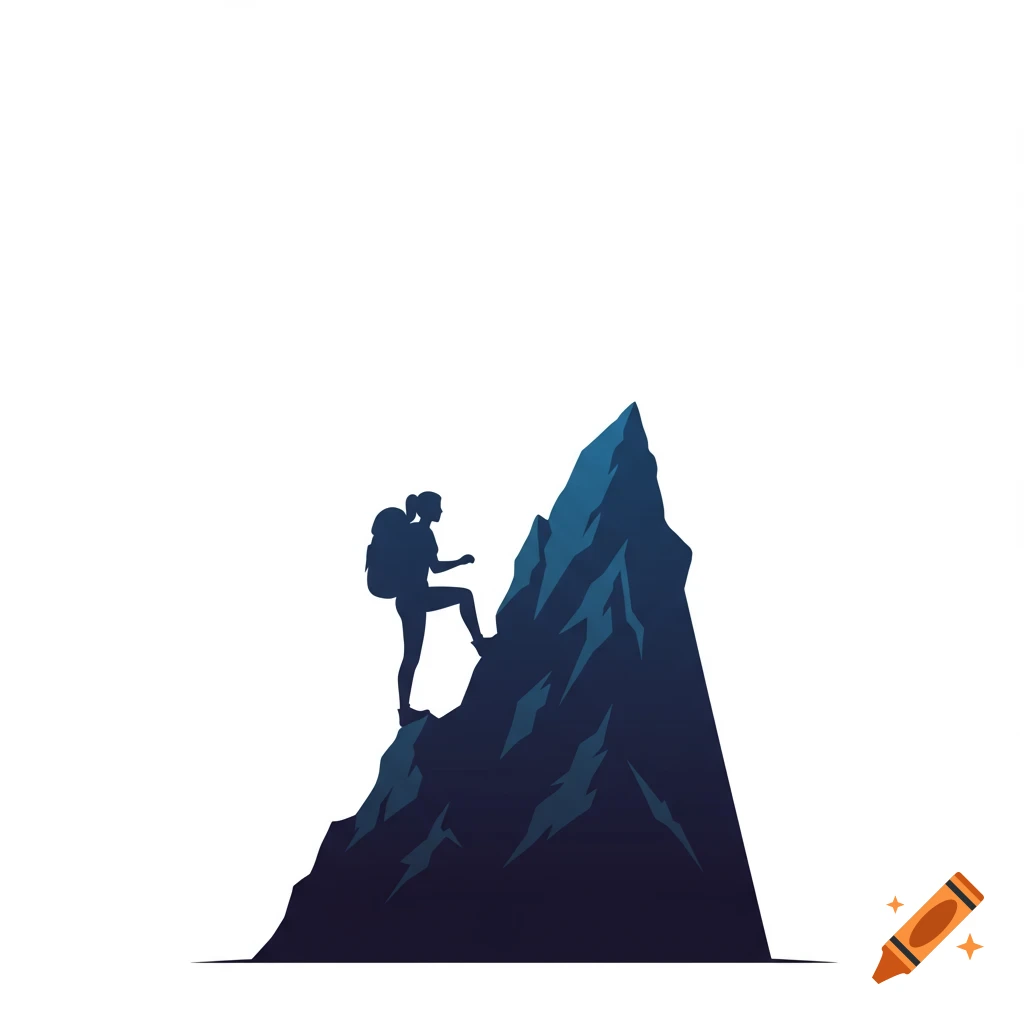 Silhouette of a person with a backpack climbing a mountain in a vector style.