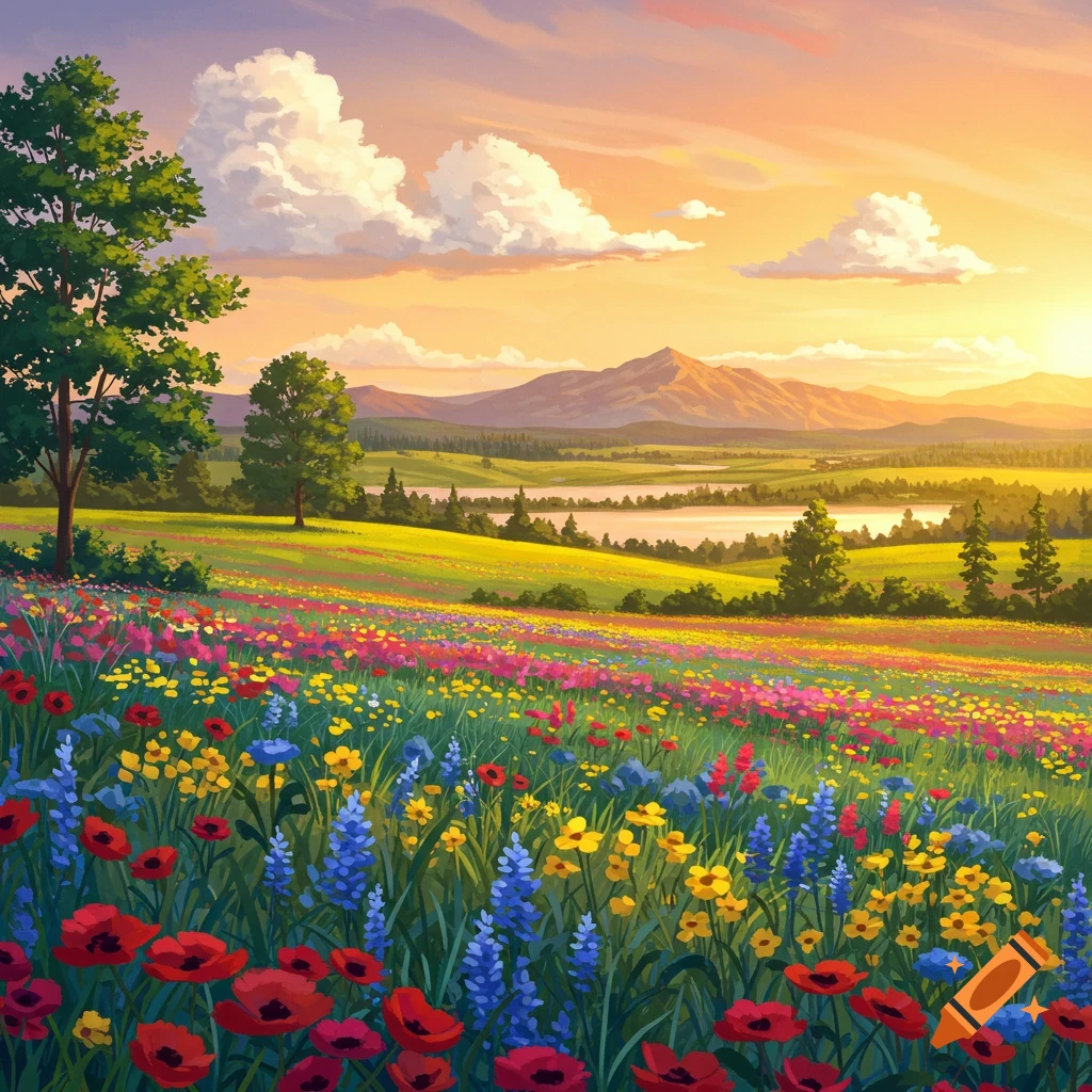 A vibrant landscape featuring a field of colorful flowers, rolling hills, towering mountains, and a serene lake reflecting the hues of a sunset sky.